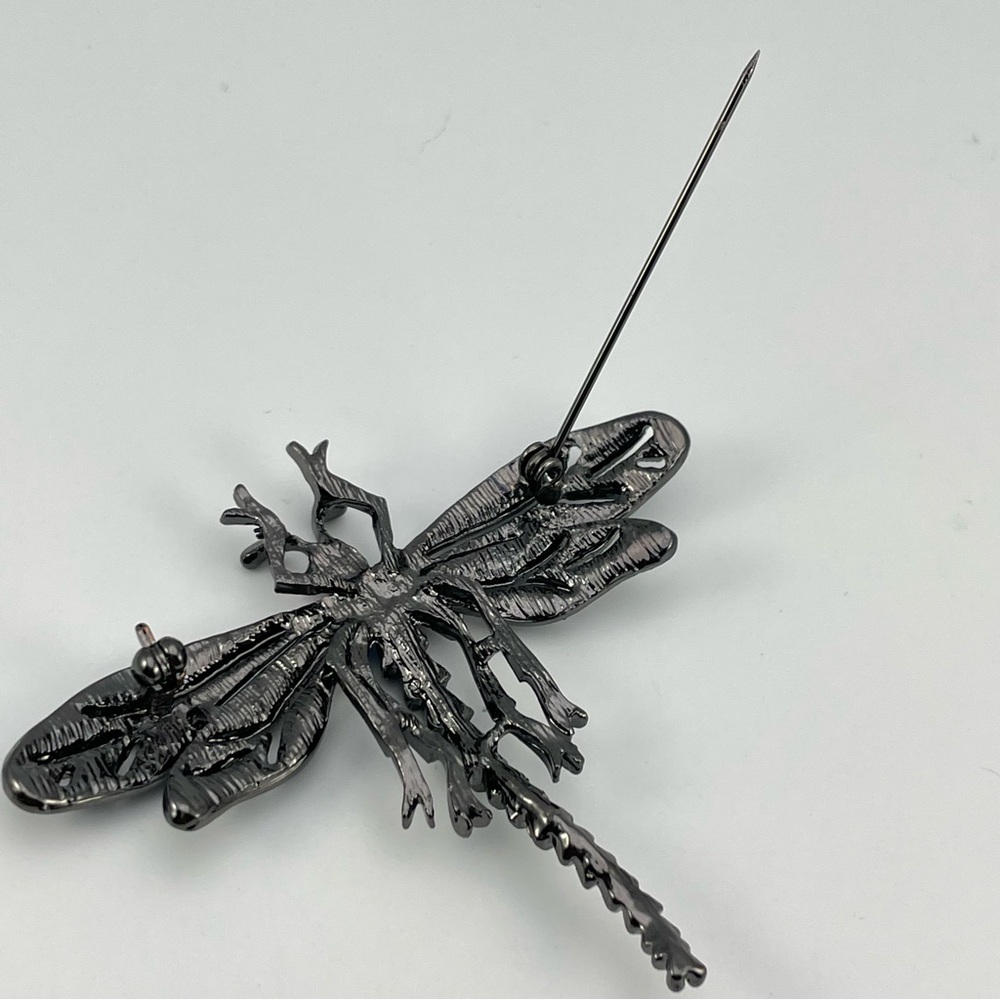 Blue Crystal Dragonfly Brooch Gunmetal Black Sparkle Insect Pin Vintage Style - Picture 2 of 6